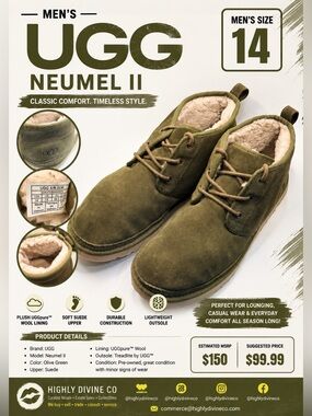 UGG Neumel Men’s Olive Green Suede Shearling-Lined Chukka Boots – Size 14